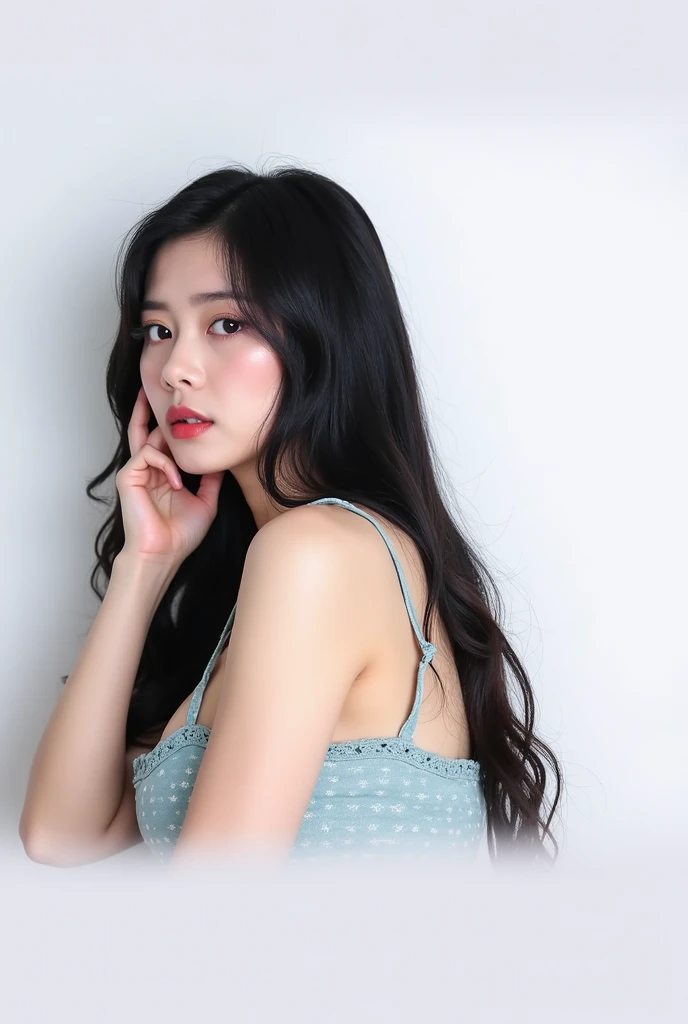 (Take the whole body:1), A realistic portrait of a woman, Very realistic, photography, long straight black hair, asian woman, 20-year-old Asian girl, beautiful, cute, sexy, hourglass figure, perfect body, Look flirting., natural big breasts, Long eyelashes, Cat eye makeup, Double eyelids, sexy pose, Erotic poses, seductive pose, big breasts,  big  , Wear a sexy and cute mint pink lace top.