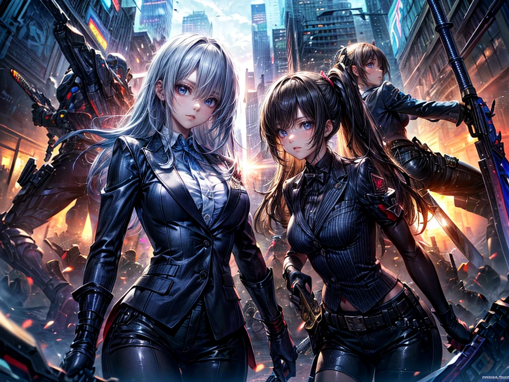 High resolution, Winner of numerous awards, Ultra high definition, Textured skin, Retina,
masterpiece,(bestquality),highlydetailed,ultra-detailed,4girl, (Four gangster girls posing with weapons.:1.4)(gangsta paradise:1.2)(robot)(cybercitylandscape:1.2,natural lighting:1.5,confidentexpression),(Dramatic Angle:1.2),mecha, smile,angle、(The upper body is in a tuxedo suit、pantyhose、Leather short pants:1.2)(Point your weapon at me:1.6)