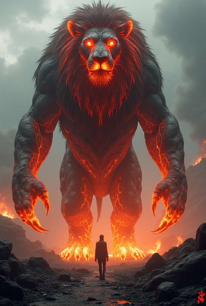 a 100 meter lion with glowing lava-covered skin and obsidian claws