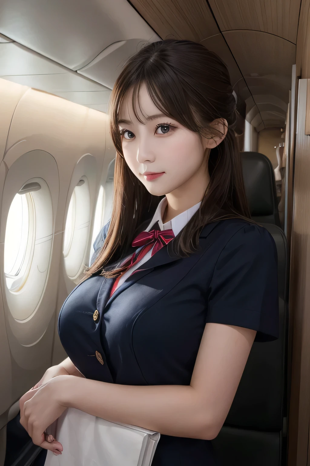 One Girl, 1 person,Highest quality,High resolution,超High resolution,8k,Realistic,Upper Body,encounter_audience,Large Breasts, the body is slim,(Cabin Attendant:1.2), uniform, airport,