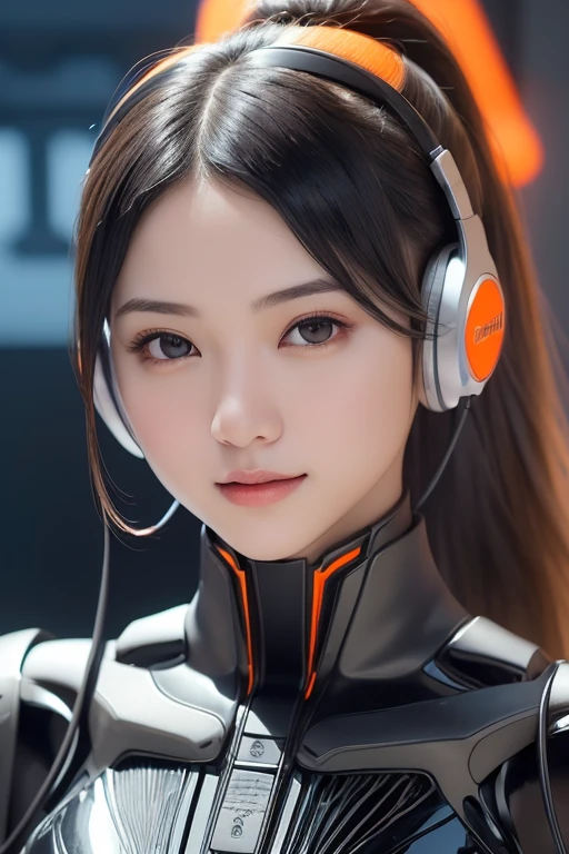 Top Quality, Masterpiece, Ultra High Resolution, (Photorealistic: 1.4), Raw Photo, 1 Girl, Black Hair, Glossy Skin, 1 Mechanical Girl, (((Ultra Realistic Details)), Portrait, Global Illumination, Shadows, Octane Rendering, 8K, Ultra Sharp, Intricate Ornaments Details, realistic skin, sweat effect, ((wearing Headphone)), very intricate detail, realistic light, CGSoation trend, brown eyes, glowing eyes, matte black and glossy orange mechanical bodysuit, Long hair, black hair, Ponytail hair, full body shot, spaceship bridge background, dynamic pose, close up, smile, 