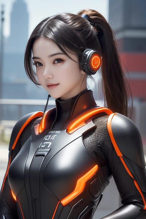 Top Quality, Masterpiece, Ultra High Resolution, (Photorealistic: 1.4), Raw Photo, 1 Girl, Black Hair, Glossy Skin, 1 Mechanical Girl, (((Ultra Realistic Details)), Portrait, Global Illumination, Shadows, Octane Rendering, 8K, Ultra Sharp, Intricate Ornaments Details, realistic skin, sweat effect, ((wearing Headphone)), very intricate detail, realistic light, CGSoation trend, brown eyes, glowing eyes, matte black and glossy orange mechanical bodysuit, Long hair, black hair, Ponytail hair, full body shot, spaceship bridge background, dynamic pose, close up, smile, 