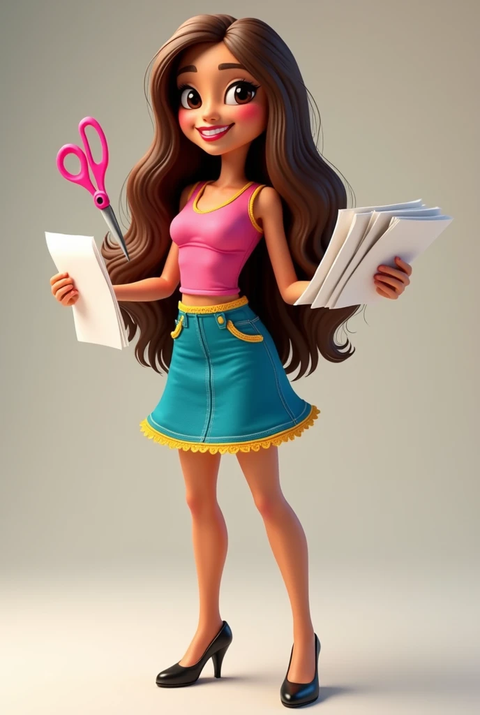 Brazilian doll mascot woman with long light brown hair, brown eyes and fair skin, Grinning, blue and pink dress with yellow details, with the name Day Holding in the right hand several sheets of paper and in the left hand a pair of pink scissors. black high heel shoes with clear sole