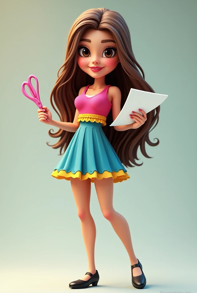 Brazilian doll mascot woman with long light brown hair, brown eyes and fair skin, Grinning, blue and pink dress with yellow details, with the name Day Holding in the right hand several sheets of paper and in the left hand a pair of pink scissors. black high heel shoes with clear sole