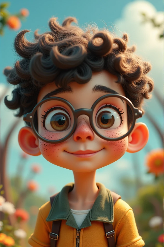 Create a character with round glasses, with freckles and curly hair