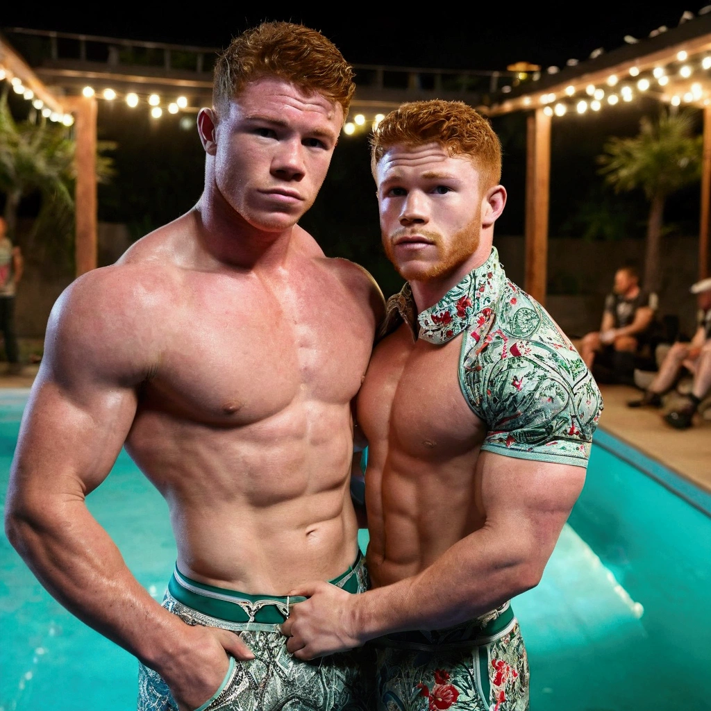 there are two men standing next to each other near a pool, canelo alvarez muscular and very skinny gay teen twined in thong both, entwined together, Teenager takes advantage of Canelo Alvarez, groping it. 