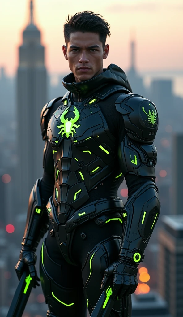 Young handsome man with short black hair and somboy style face, eyes browns, wearing black futuristic cybernetic armor with a green scorpion symbol on the chest, a cybernetic scorpion tail made of black metal with green details, holding two futuristic green curved knives at the back of his waist, dusk on top of a building, epic pose, Masterpiece artwork, precise, High details, defocused, 3D rendering, cinematographic, conceptual artwork, cinematic lighting, lateral view, macro photography, anatomically correcte