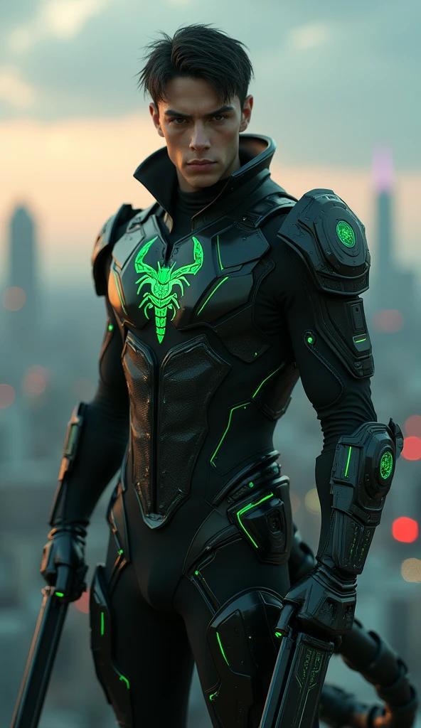 Young handsome man with short black hair and somboy style face, eyes browns, wearing black futuristic cybernetic armor with a green scorpion symbol on the chest, a cybernetic scorpion tail made of black metal with green details, holding two futuristic green curved knives at the back of his waist, dusk on top of a building, epic pose, Masterpiece artwork, precise, High details, defocused, 3D rendering, cinematographic, conceptual artwork, cinematic lighting, lateral view, macro photography, anatomically correcte