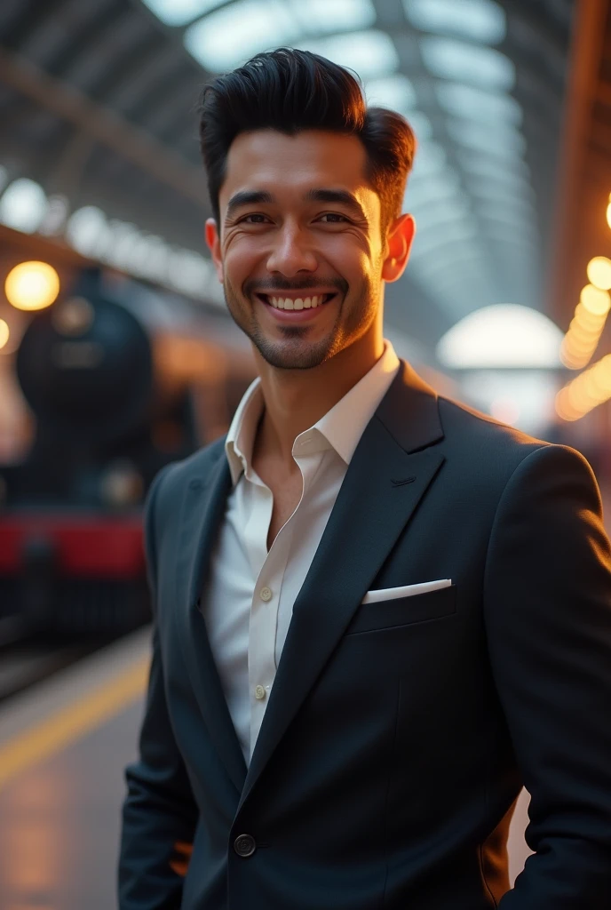 man, short black hair, smilling , dressed in an elegant suit, full body, in a train station, looking at the camera, a locomotive behind, photorealistic