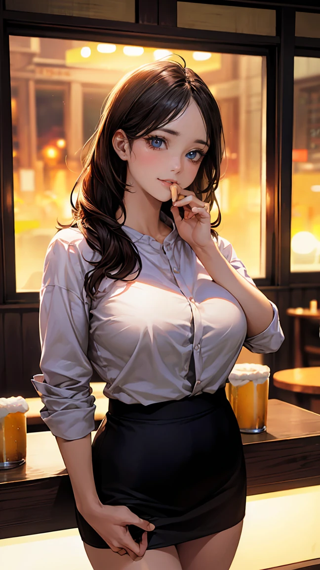 (masterpiece:1.2, Highest quality), (Realistic, photoRealistic:1.4), Beautiful illustrations, (Natural Side Lighting, Cinema Lighting),
Looking at the audience, Upper Body, (Front view), 1 girl, Perfect Face, Symmetrical cute face, Glowing Skin, Baby Face, Long eyelashes, (Large Breasts), (Wide Hips),Twist up hair,
Beautiful Hair, Beautiful Face, Fine and beautiful eyes, Beautiful body, Beautiful breasts, Beautiful thighs, Beautiful legs, Beautiful fingers,
(Beautiful views),(Cute Smile:1.2, Upper Eye), 1,At the bar counter、(Eating yakitori and drinking beer;1.2)、mega jug、Business shirts、Black tight skirt、