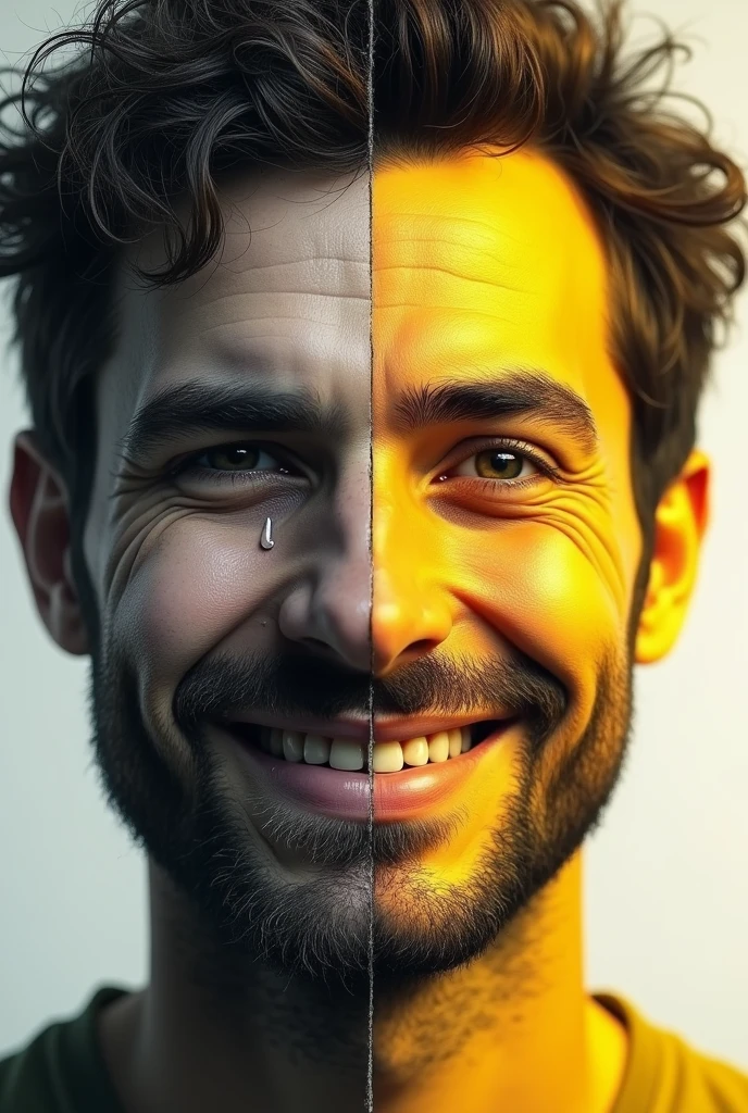 Create an image of two faces split in half. The left side shows a man who is 😢, with tears running down his face and a distressed expression. His appearance should reflect hardship, like dark circles under his eyes and rough skin. The colors on this side are dark and muted, with shades of black and gray. The right side shows a man who is 😊, with bright eyes and a confident, joyful smile. The colors on this side are bright and vibrant, with shades of yellow and white. The left side should clearly show sadness and struggle, while the right side should look extremely happy and successful."