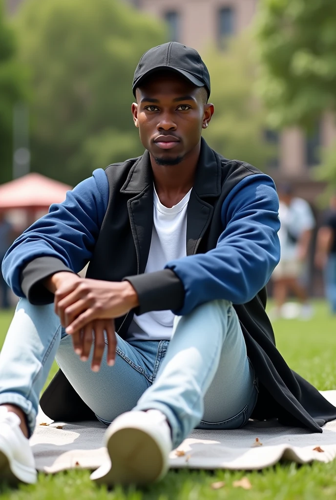 best qualityer:1.4), (ultra high resolution:1.2), (photorrealistic:1.4), (8k, CRU photo:1.2), a thin young man of 20 years old, skin black, with a smooth, beardless face, corte de cabelo buzzcut, He's wearing a black cap. He's wearing a white shirt. He is wearing a basic coat in black and blue.. He's wearing light jeans. He's wearing white sneakers. Sitting on the grass in a simple park. thin build sem músculos. Seductive face for the camera. thin build. Scrawny. A thin person. He's wearing a black cap. There are people in the background. It's sunny. He is sitting on a cloth spread out on the grass..