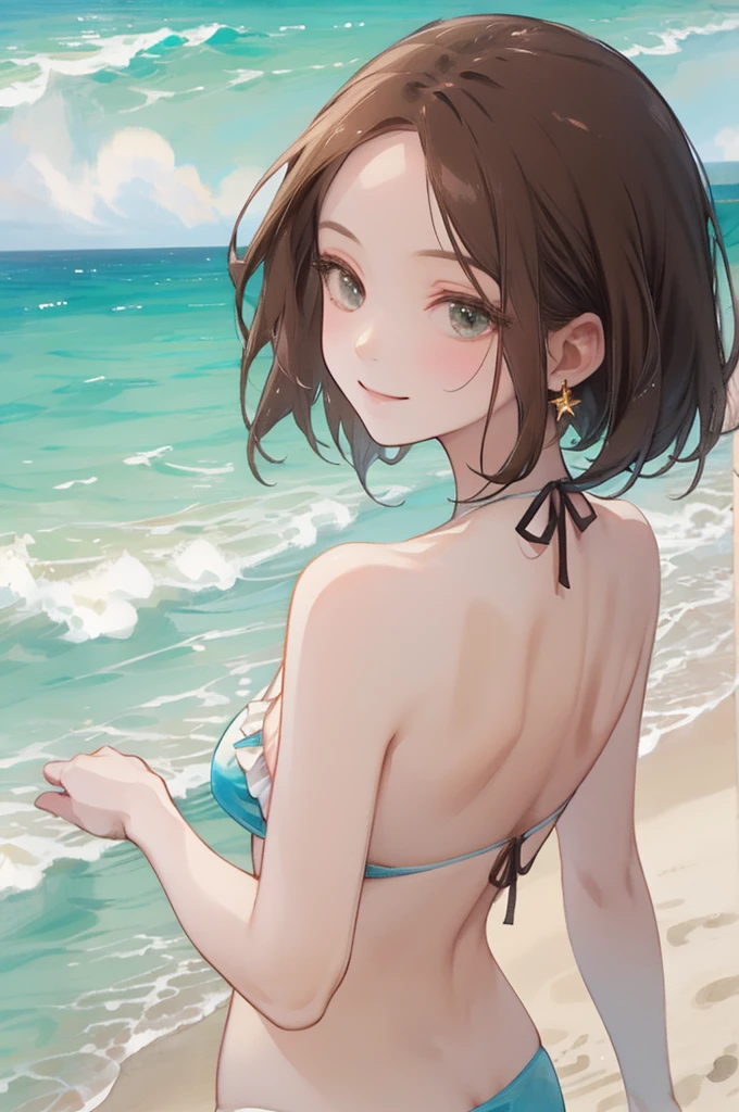 (small breast:1.0), (model posing, arched back), upper body shot, from side,
(masterpiece, best quality, detailed:1.3), light watercolor, 
a girl, bob, center part, forehead, brown hair, Earrings, seducive smile, 
BREAK (outside, beach, ocean:1.2), frilled white bikini