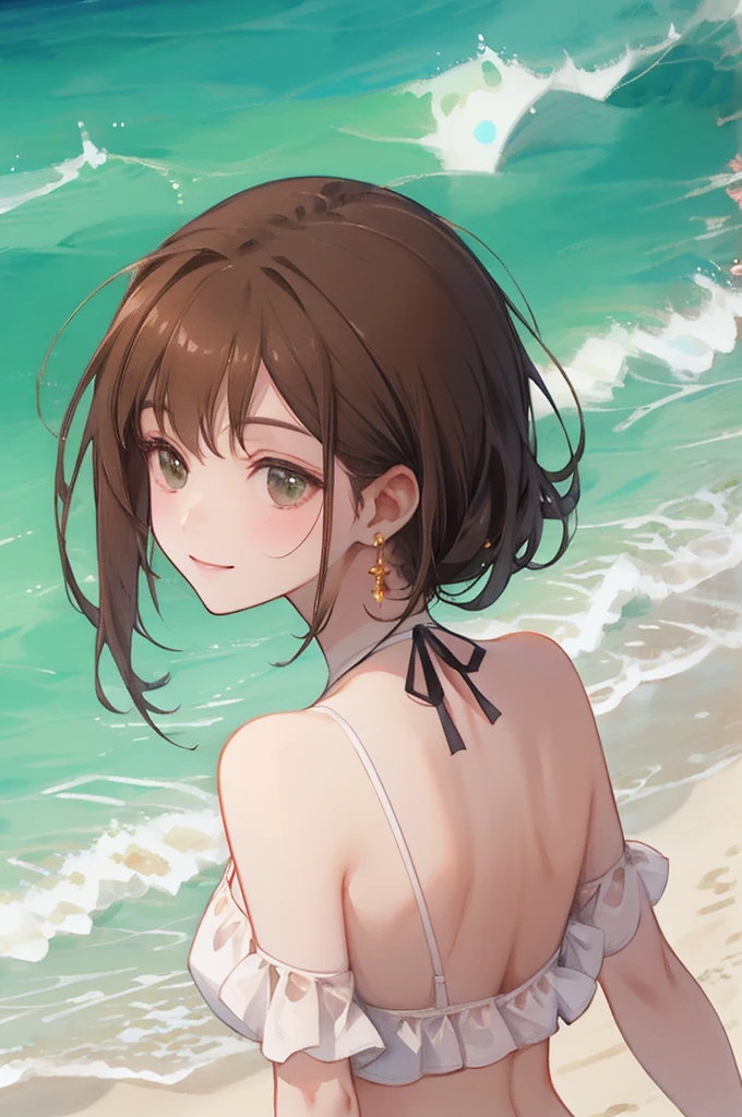 (small breast:1.0), (model posing, arched back), upper body shot, from side,
(masterpiece, best quality, detailed:1.3), light watercolor, 
a girl, bob, center part, forehead, brown hair, Earrings, seducive smile, 
BREAK (outside, beach, ocean:1.2), frilled white bikini