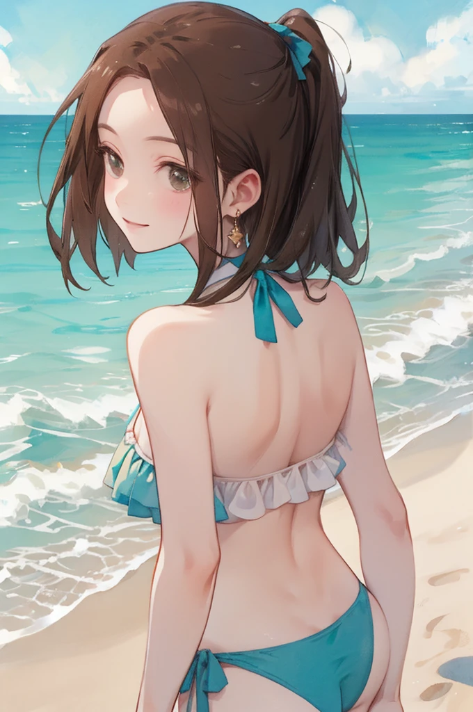 (small breast:1.0), (model posing, arched back), upper body shot, from side,
(masterpiece, best quality, detailed:1.3), light watercolor,
a girl, bob, center part, forehead, brown hair, Earrings, seducive smile,
BREAK (outside, beach, ocean:1.2), frilled white bikini