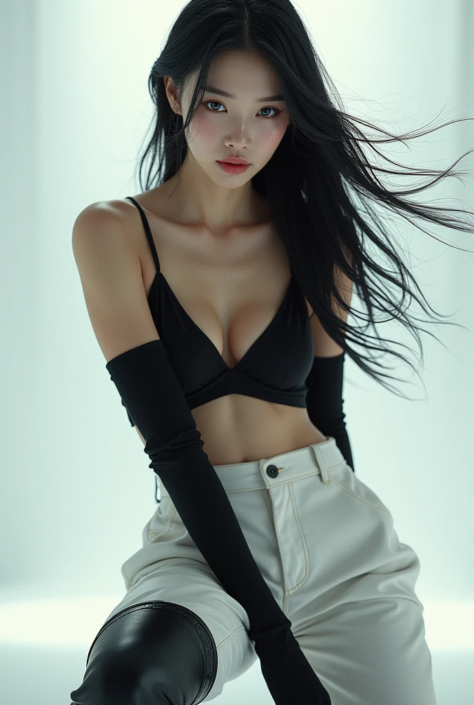 Korean girl, black thigh high boots, white pants, long gloves
