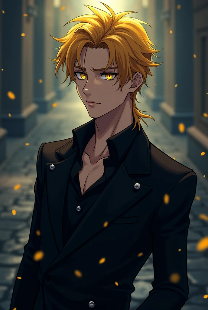Yellow hair, yellow eyes, yellow hair, anime, , young man in his twenties, wearing black, night, soft lighting, strength, majesty, handsome, cold look, avenger, killer