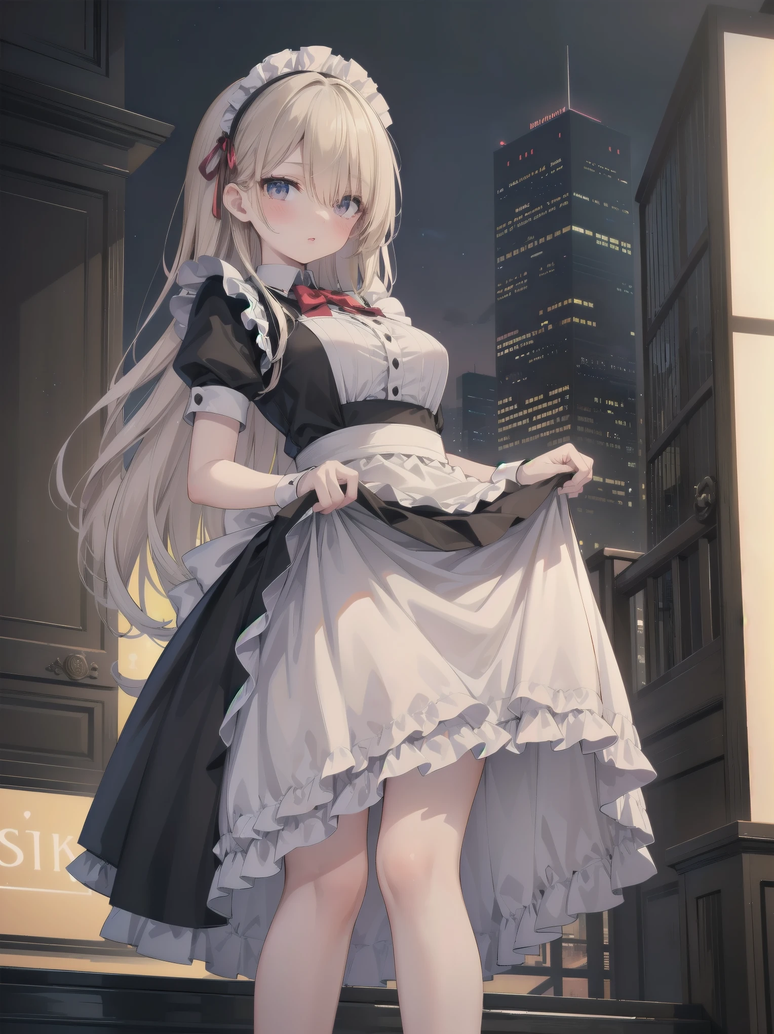 maid,large breasts,1girl,(skirt),white panty,panty shot,thong,((mature female,adult female))),25 years old,over-knee socks,in room,blush,(((milf))),at night,groin,from below,long hair,bent over,from behind