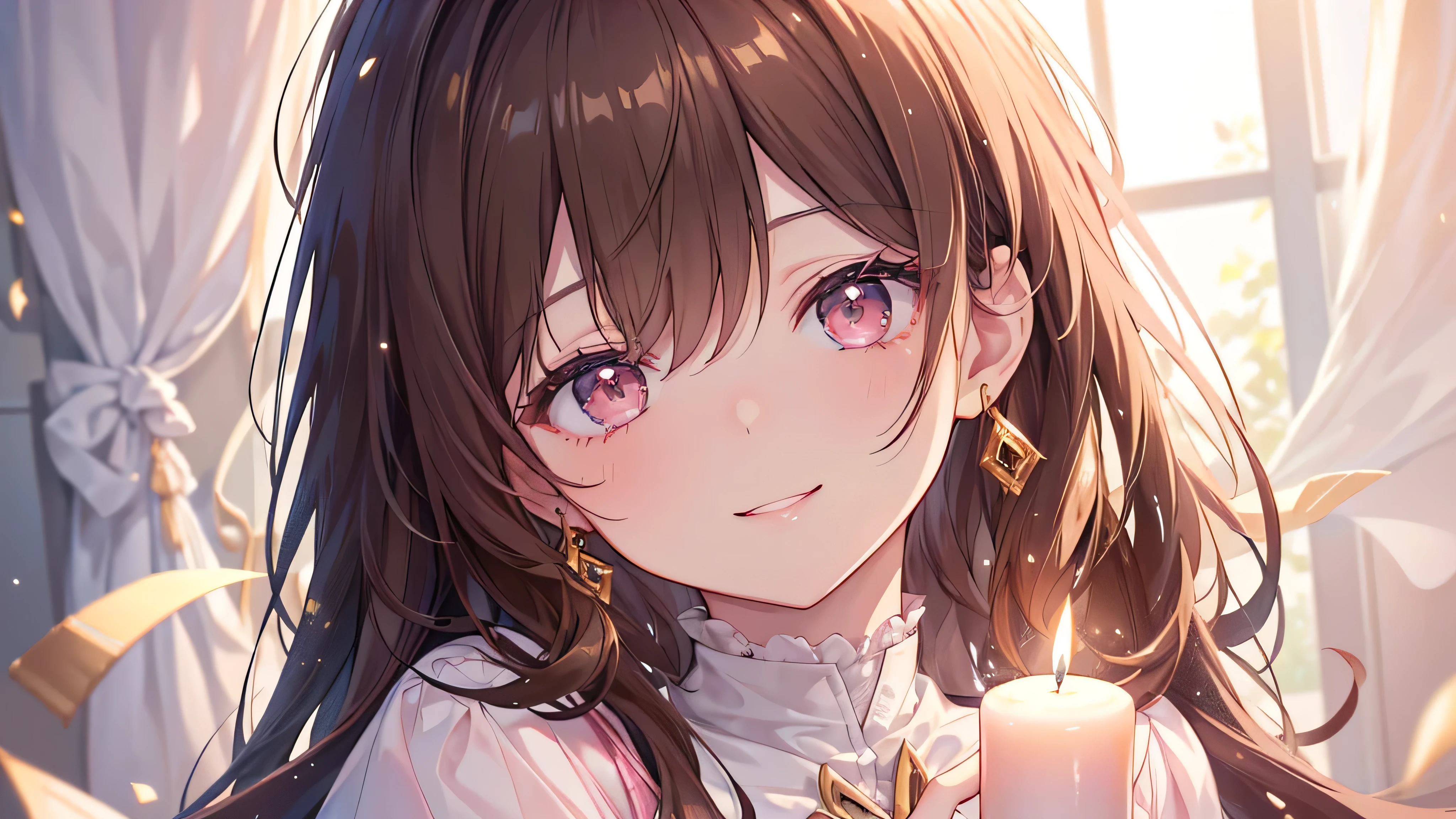 ((Highest quality、masterpiece、Ultra-fine、Ultra-fine、Exquisite、Golden Ratio,16K、Brown Hair,The best smile,Full HD、)), (Face blowing out a candle,One person))Long eyelashes、White skin、(Pale pink lips、Pale pink cheeks、thin and long)、((One person)),Birthday Party -,The night when your smile shines in the soft light