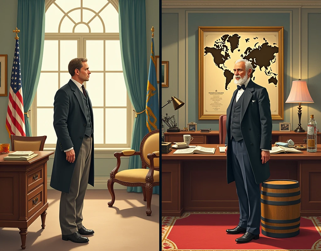 A two-part illustration showcasing John D. Rockefeller’s journey from humble beginnings to creating Standard Oil. On the left, depict a young Rockefeller as a bookkeeper in a modest office, surrounded by simple accounting ledgers and a small desk. The scene is basic, with minimal furnishings and a modest atmosphere. On the right, illustrate Rockefeller as a successful industrialist in the late 19th century. He is shown in a grand office or boardroom, dressed in formal attire, with the Standard Oil logo prominently displayed. The background includes oil industry symbols, such as oil barrels, machinery, and maps of global oil routes. The transition between the two scenes should be smooth, highlighting his rise to prominence and the significant impact of his achievements on the oil industry
