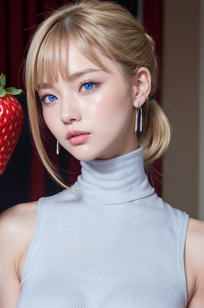 ((Highest quality)), ((masterpiece)), (High-definition photos), (upper ponytail), (Blonde), (bangs),  (18 yo beautiful girl:1.3), False eyelashes, (earrings), white sleeveless turtleneck dress with a ribbed texture and a bodycon fit, (large breasts), covered nipples,  (white skin), head tilt, (Blushed:1.3), (close up face:1.4), from side, (kissing strawberry:1.2), Shiny skin、wetty lips, Thin eyebrows、(Blue eyes:1.1)
