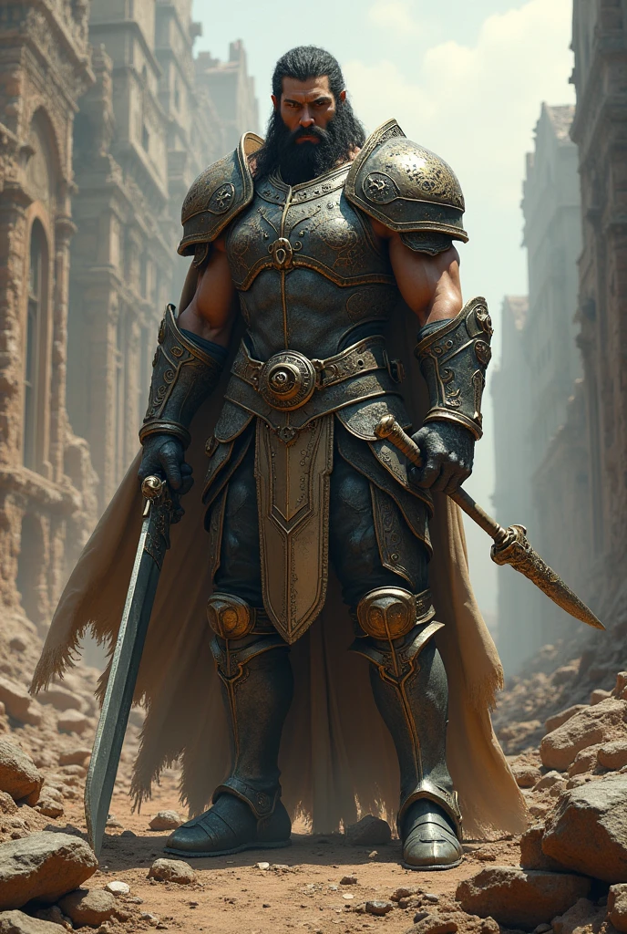 Beautiful armed warrior in a devastated world.