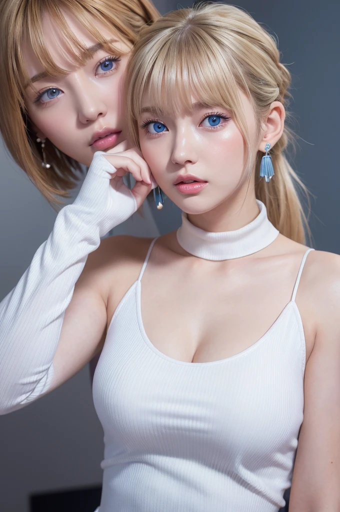 ((Highest quality)), ((masterpiece)), (High-definition photos), (upper ponytail), (Blonde), (bangs), (18 yo beautiful girl:1.3), False eyelashes, (earrings), white sleeveless turtleneck dress with a ribbed texture and a bodycon fit, (large breasts), covered nipples, (white skin), head tilt, (Blushed:1.3), (close up face:1.4), from side, (kissing strawberry:1.2), Shiny skin、wetty lips, Thin eyebrows、(Blue eyes:1.1)