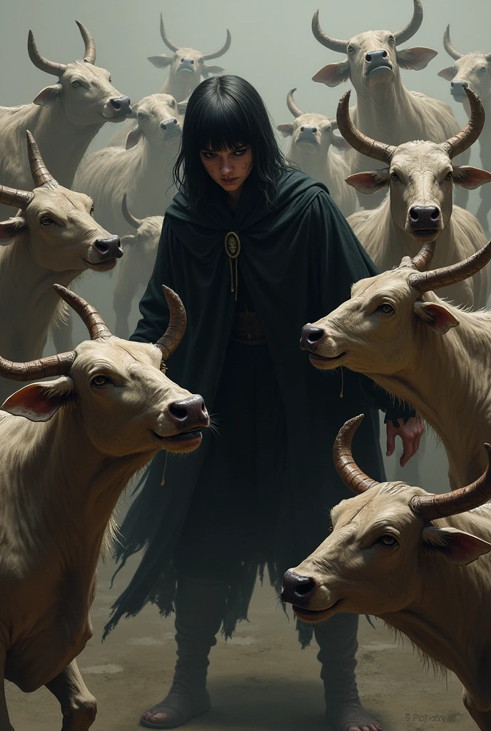 Please create a character with straight hair, eyes, and torn clothes as if he were fighting., black clothing, he is surrounded by dry skinny cows with huge bones, who attack him at the same time holding his arms and legs,