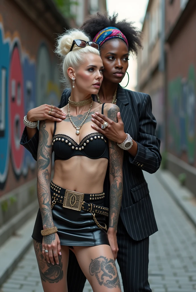 Two russian old milf women: the dominant aggressive dark skinned black woman in business pinstripe suit (jacket and trousers), black heeled shoes long ,nails and afro hair, standing up with separated legs and possessive stance showing off her new white girlfriend to the camera (hands on her white girlfriend's neck). Next to her, her white rich drunk girlfriend looks at the camera (white woman is very pale: pale face, pale neck, pale chest, pale arms, pale hands, pale stomach, pale leg), white woman stretches her neck and looks at the camera feeling overwhelmed by her girlfriend. white woman leans on her girlfriend , feeling needy. white woman is being seduced. White woman stands up with separated legs, White woman"s body is twisted and unstable, the hands of white woman are on her belt. White woman wears low rise back sequins mini skirt and stockings, platinum blonde hair (pouf, top bun, saved sides, wide colourful bandana as headband) and oversized square sunglasses as headband. Big lips with no makeup. White woman wears Black studded leather push up bra and has big breasts. Barefoot.. Lots of thick wide studded bracelets in the wrists of the white woman, big pearl necklaces around the neck of the white woman, and big rings, Pearl earrings. Wide loose studded belt with big solid buckle. Loose chains and studded belts around the hips of the white woman. White woman is lazy, leaning on her girlfriend.. The white woman is densely tattooed on neck, tattoed chest, tattoed arms, tattoed stomach, tattoed legs, wrists and feet. White woman has well Toned abdominals, thin neck, slim legs and thin arms. White woman has Narrow hips and noticeable tigh gap. The body of the white woman is twisted in a lazy posture. Full body. On a narrow street with graffitied walls
