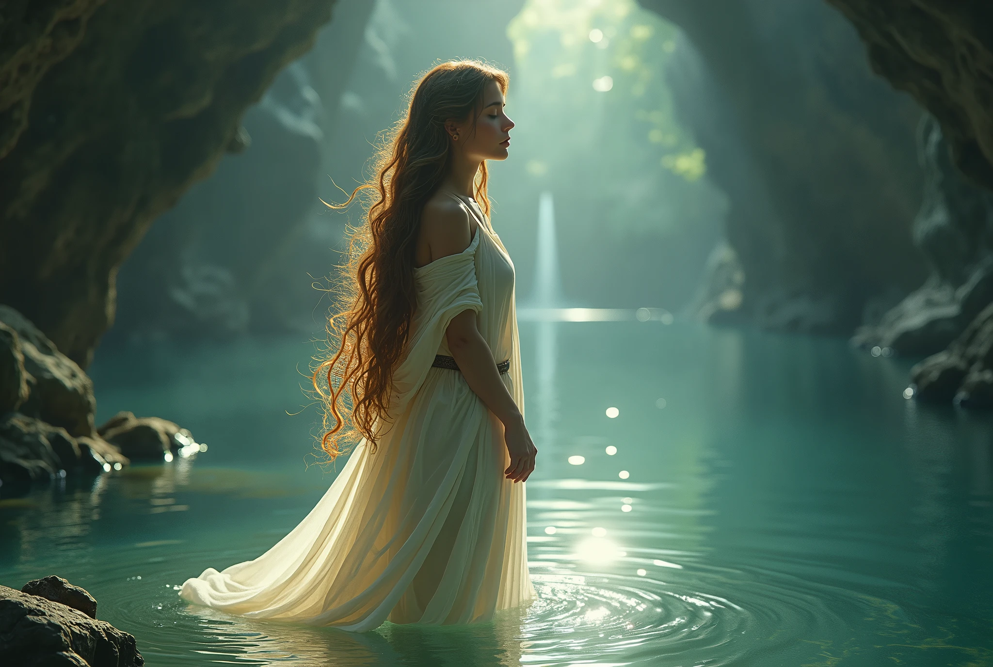 A delicate depiction of the Goddess of Wishing Falls from The Legend of Zelda、In the background, he is standing by a lake in a cave.、A gentle smiling face、Long brown hair、Wearing a white cloth