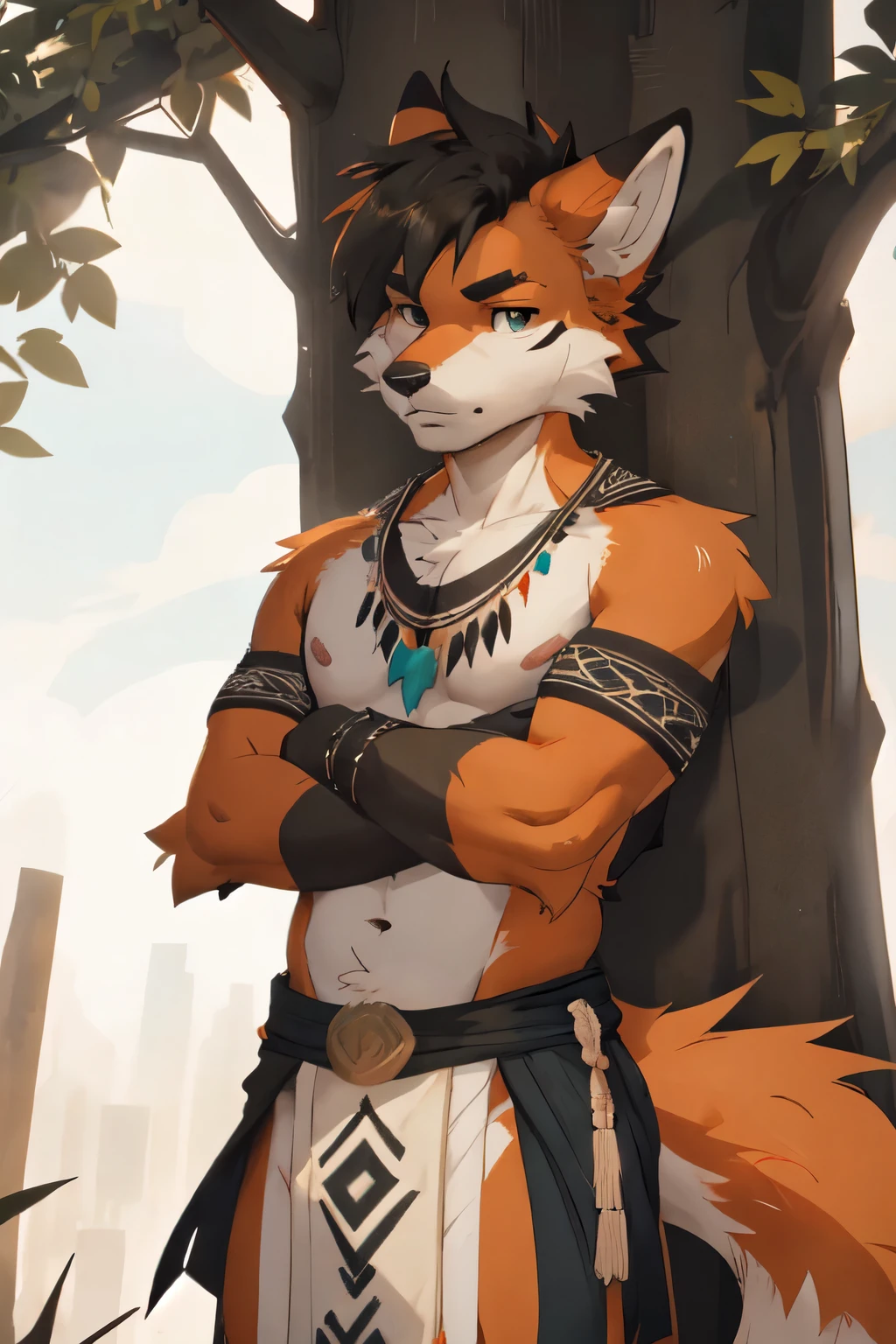 Solo, male, a cute anthro furry fox boy of 20 years old, a single fox tail always, toned, lean, black faux hawk hair, green eyes, by fumiko, by hyattlen, by zackary911, standing, arms crossed, front view, leaning his back against a tree, serious, orange fur, white fur, tribal outfit