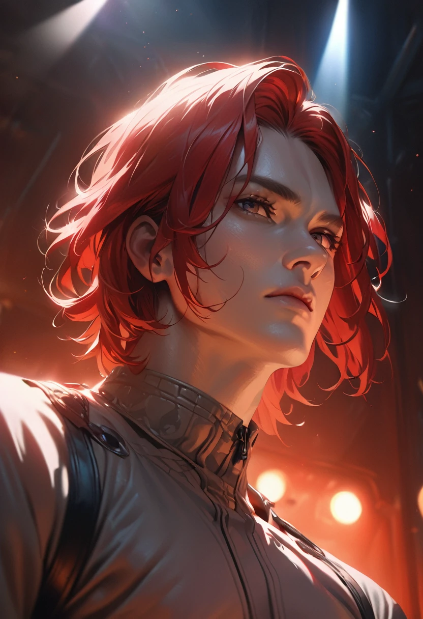 a man with long red hair, neutral expression, looking directly at camera, low angle shot, detailed facial features, realistic skin, detailed clothing, atmospheric lighting, cinematic composition, dramatic contrast, high quality, photorealistic, studio lighting, hyper detailed, high resolution, masterpiece
