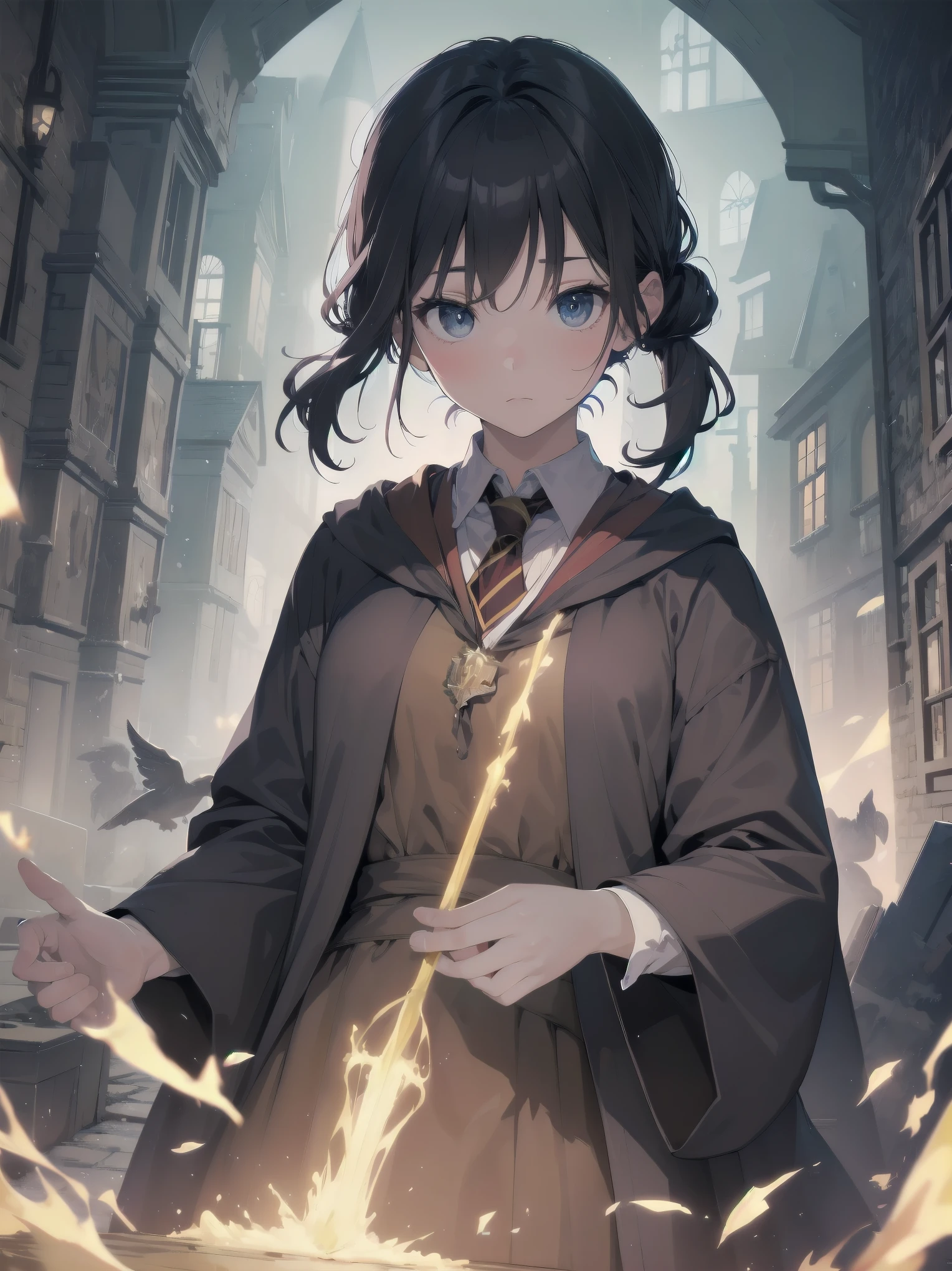 Masterpiece, Top Quality, Absurd, High Resolution, Subject Seismic, Animation Style Illustration with Mock Pause, 1 Girl, Solo, Cute random hairstyle, beautiful random expression and face, random age, slender, random clothing for situation,wizard robes, wand, magical castle, owl, spell book, (Hogwarts: 1.2), magic, wonder, (Harry Potter inspired: 1.3), mysterious atmosphere, details
