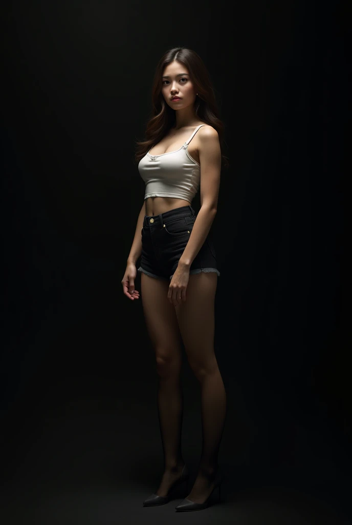 Highest quality, Masterpiece level, Intricate details, High-precision graphics, Ultra HD, Detailed Shadows, Great atmosphere, Dark Background, Shadow effects, Local Light, Pure beautiful girl, Individual solo exhibition, Exquisitely detailed face and eyes, Real skin fit, Black and white contrast scheme, High waist and thin leg line, Shorts and stockings, (Tops are sleeveless T-shirts, Full-body presentation),