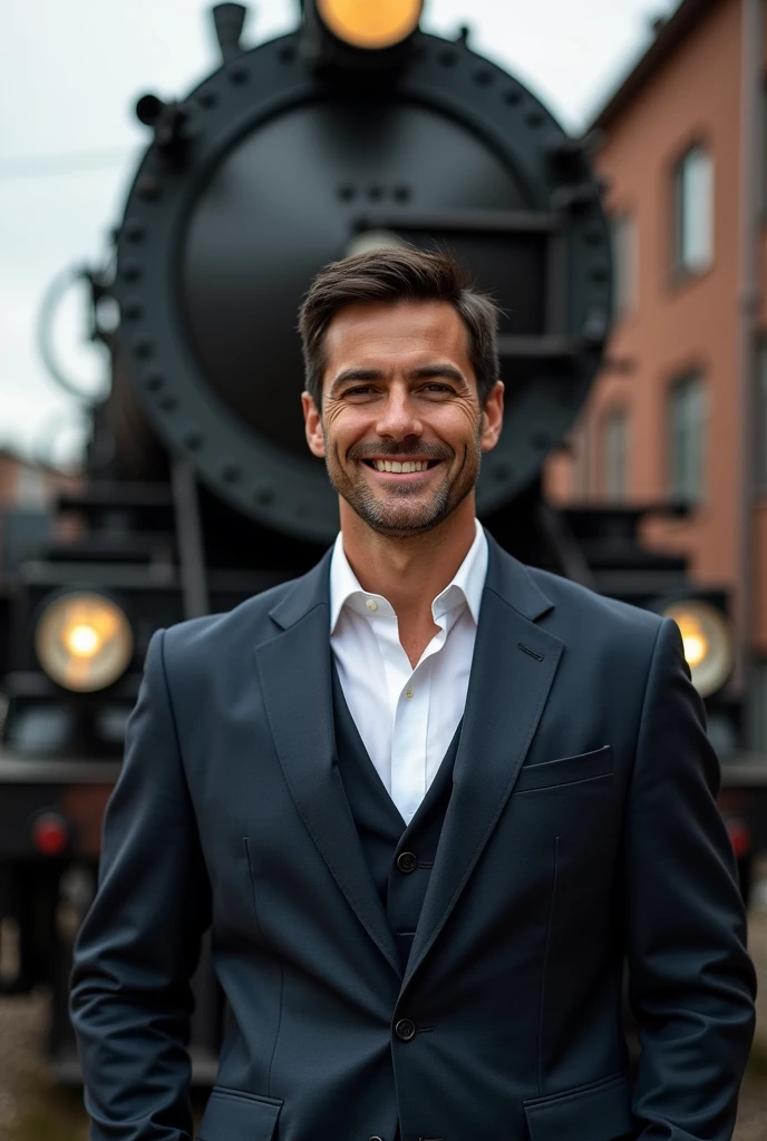 man, short black hair, smilling , dressed in an elegant suit, full body, looking at the camera, a locomotive behind, photorealistic
