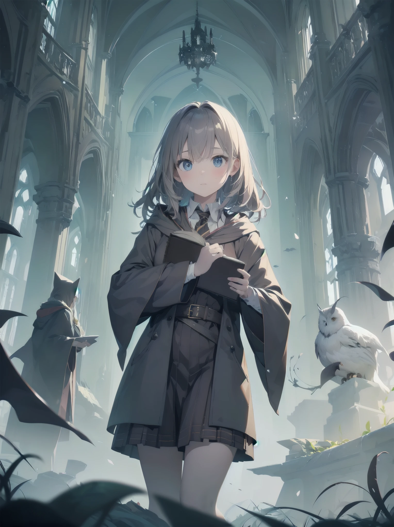 Masterpiece, Top Quality, Absurd, High Resolution, Subject Seismic, Animation Style Illustration with Mock Pause, 1 Girl, Solo, Cute random hairstyle, beautiful random expression and face, random age, slender, random clothing for situation,wizard robes, wand, magical castle, owl, spell book, (Hogwarts: 1.2), magic, wonder, (Harry Potter inspired: 1.3), mysterious atmosphere, details