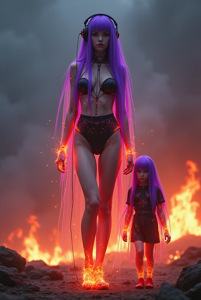 Korean purple hair butterfly woman with headphone and transparent flaming outfit in burning place with boyfriend and name hell boy 