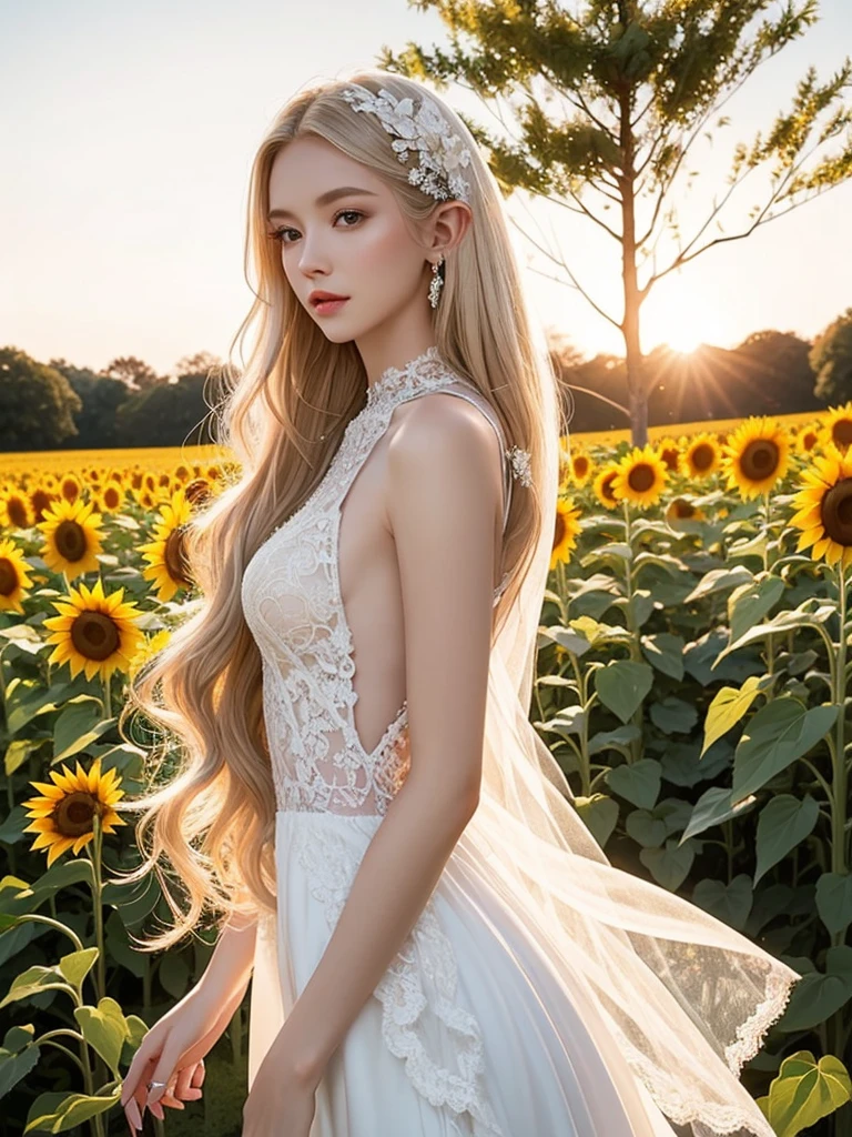 a beautiful, attractive, slender elf woman, with long curly platinum blonde hair, dark brown eyes, wearing a white wedding dress with long lace and gold details, in the background a field of sunflowers and a small chapel