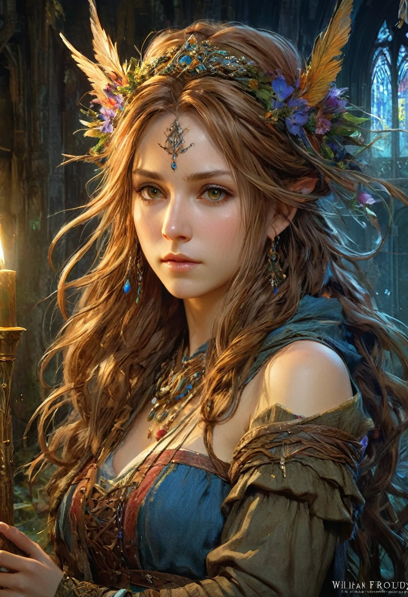 (anime, fantasy, character), (detailed CG unity 8k wallpaper, masterpiece, best quality, ultra-detailed, HDR:1.2), a woman, perfect body, medieval vibe, highly detailed face. {concept art} {4k texture} {final fantasy x}, vibrant color, intricate, ethereal lighting. From Brian Froud and Carne Griffiths and Wadim Kashin and John William Waterhouse