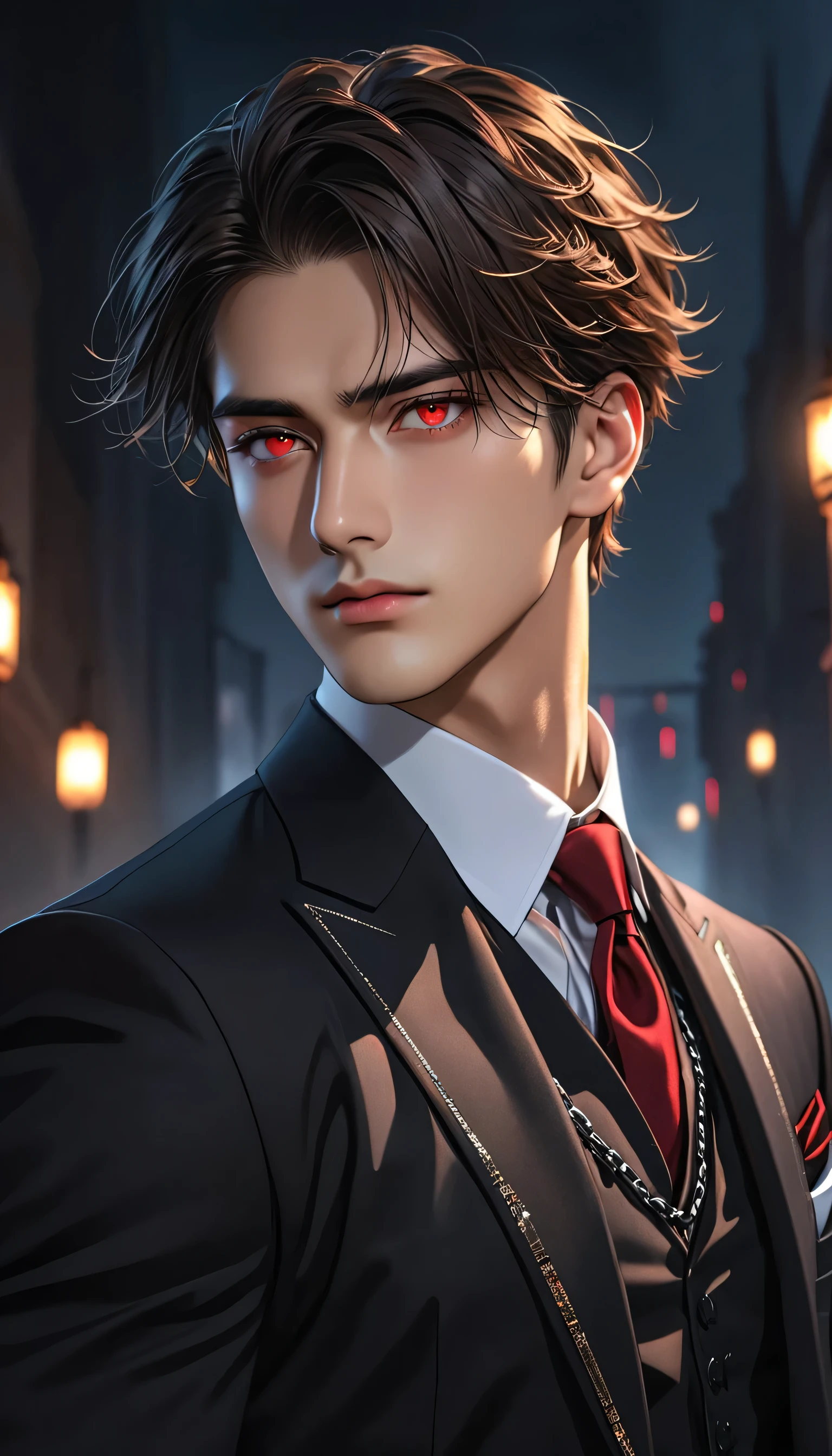 Masterpiece, 8k, HDR, best quality, ultra-detailed, aesthetic pose, dark vibes, man about twenty years old, handsome, hot guy, his ruby-red eyes glowed, sharp gaze, ultra detailed at eyes, tall, standing cool, side angle, close-up shot, wearing vest and black suit, the chain attribute on his suit impression, broad chest, grave background in the dark night