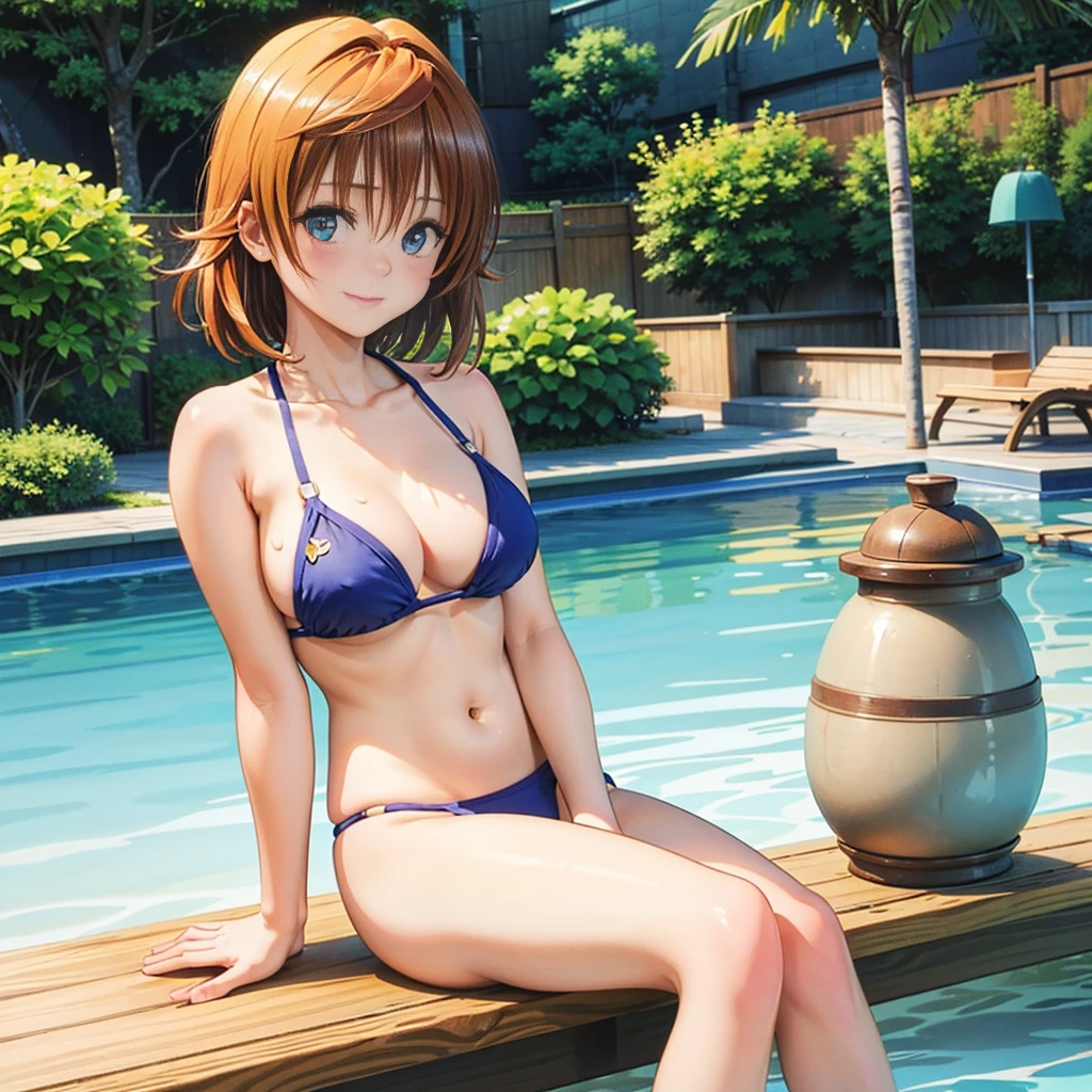 Solo Girl, 20-year-old,Medium Hair, Mid-chest, , Highest quality, High resolution, Very detailed, Detailed Background, Perfect lighting、Poolside、bench、Swimwear
