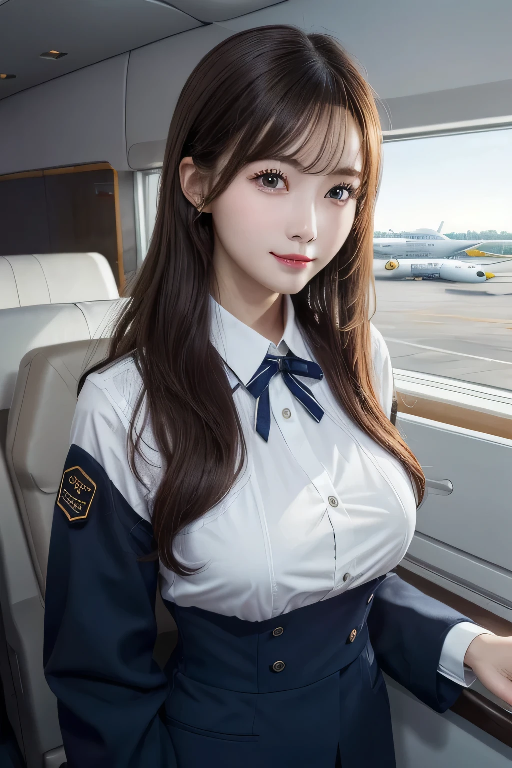 (Details of a very beautiful face), (Best Quality:1.4), 8K resolution, High resolution, 1woman, beautiful woman, Beautiful woman of the highest grade, Super beautiful detailed face, (Flight attendant Uniform with wide open breasts:1.25), Pleated skirt, pantyhose, Black pantyhose, Gloss on lips, Parted lips, Staring at me, large breasts, provocative smile, Airplane,  (close up panties in_skirt and thigh :1.2), ((woman sitting seat :1.2)), realistic, lower body, dramatical murder, spread legs,