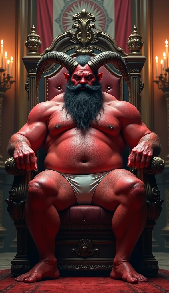 satan on his throne ruling, skin red, hair from navel to groin, Swim trunks with bulge, Chubby, Hairy, Bearded, high resolution, ultra-detailed , sharp focus, intricate details, His right leg is casually resting on the armrest of the throne, showing a relaxed yet commanding posture. His left hand is clenched into a fist, supporting his head as he leans slightly to the side. The king’s expression is thoughtful and intense, with a sense of authority and contemplation. The throne is ornately decorated, and the background is a dimly lit, grand hall with banners and torches, emphasizing his