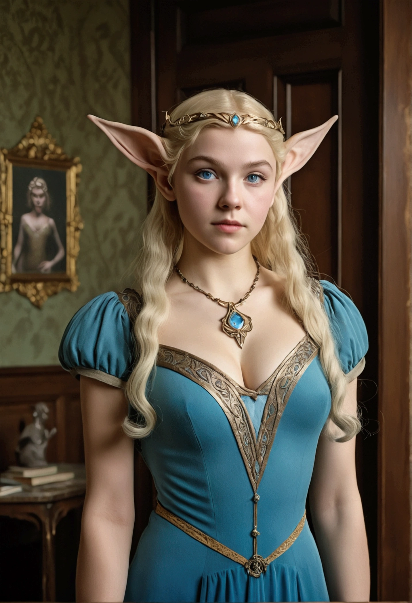 1910s analog film photograph, colorized photo of an elven maiden, 18-years-old, amazonian stature, thick-fit hourglass figure, busty breasts, toned, athletic, wearing a victorian traveling dress, warm almond complexion, pointy elf ears, blue eyes, platinum blonde hair, thick curly bangs, resembles Margaery Tyrell, standing in a manor drawing room, RAW Photograph, dslr, soft lighting, high quality, film grain, Fujifilm XT3, detailed skin with visible pores, insane details, masterpiece, 8k, 35mm photograph, faded film, desaturated, grainy, vintage, Lomography, stained, highly detailed, found footage, long elven ears