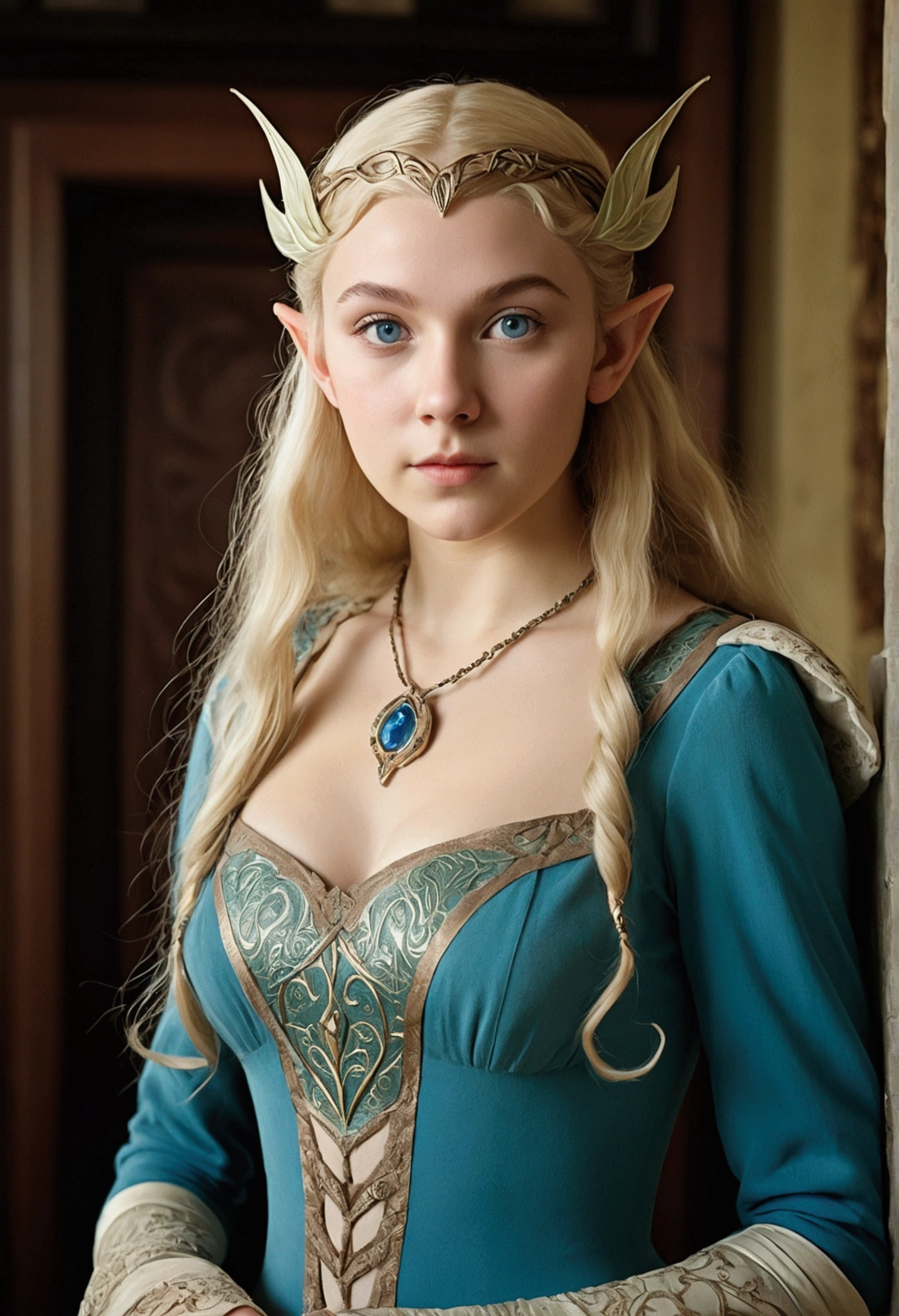 1910s analog film photograph, colorized photo of an elven maiden, 18-years-old, amazonian stature, thick-fit hourglass figure, busty breasts, toned, athletic, wearing a victorian traveling dress, warm almond complexion, pointy elf ears, blue eyes, platinum blonde hair, thick curly bangs, resembles Margaery Tyrell, standing in a manor drawing room, RAW Photograph, dslr, soft lighting, high quality, film grain, Fujifilm XT3, detailed skin with visible pores, insane details, masterpiece, 8k, 35mm photograph, faded film, desaturated, grainy, vintage, Lomography, stained, highly detailed, found footage, long elven ears