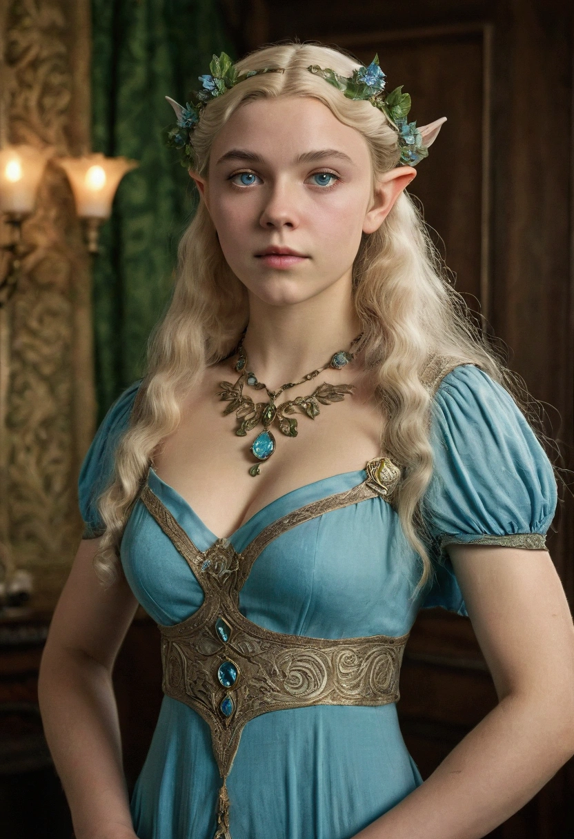 1910s analog film photograph, colorized photo of an elven maiden, 18-years-old, amazonian stature, thick-fit hourglass figure, busty breasts, toned, athletic, wearing a victorian traveling dress, warm almond complexion, pointy elf ears, blue eyes, platinum blonde hair, thick curly bangs, resembles Margaery Tyrell, standing in a manor drawing room, RAW Photograph, dslr, soft lighting, high quality, film grain, Fujifilm XT3, detailed skin with visible pores, insane details, masterpiece, 8k, 35mm photograph, faded film, desaturated, grainy, vintage, Lomography, stained, highly detailed, found footage, long elven ears