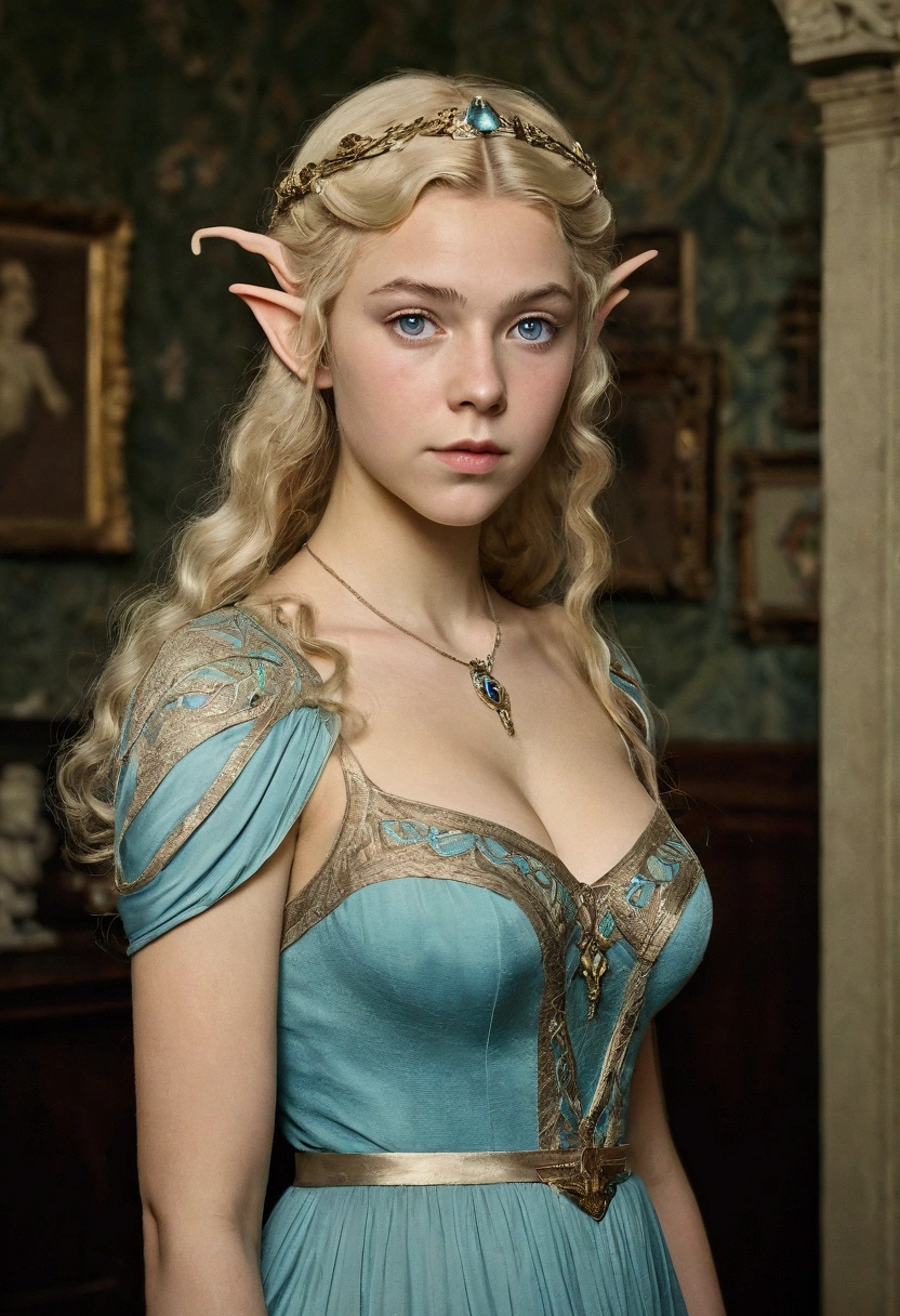 1910s analog film photograph, colorized photo of an elven maiden, 18-years-old, amazonian stature, thick-fit hourglass figure, busty breasts, toned, athletic, wearing a victorian traveling dress, warm almond complexion, pointy elf ears, blue eyes, platinum blonde hair, thick curly bangs, resembles Margaery Tyrell, standing in a manor drawing room, RAW Photograph, dslr, soft lighting, high quality, film grain, Fujifilm XT3, detailed skin with visible pores, insane details, masterpiece, 8k, 35mm photograph, faded film, desaturated, grainy, vintage, Lomography, stained, highly detailed, found footage, long elven ears