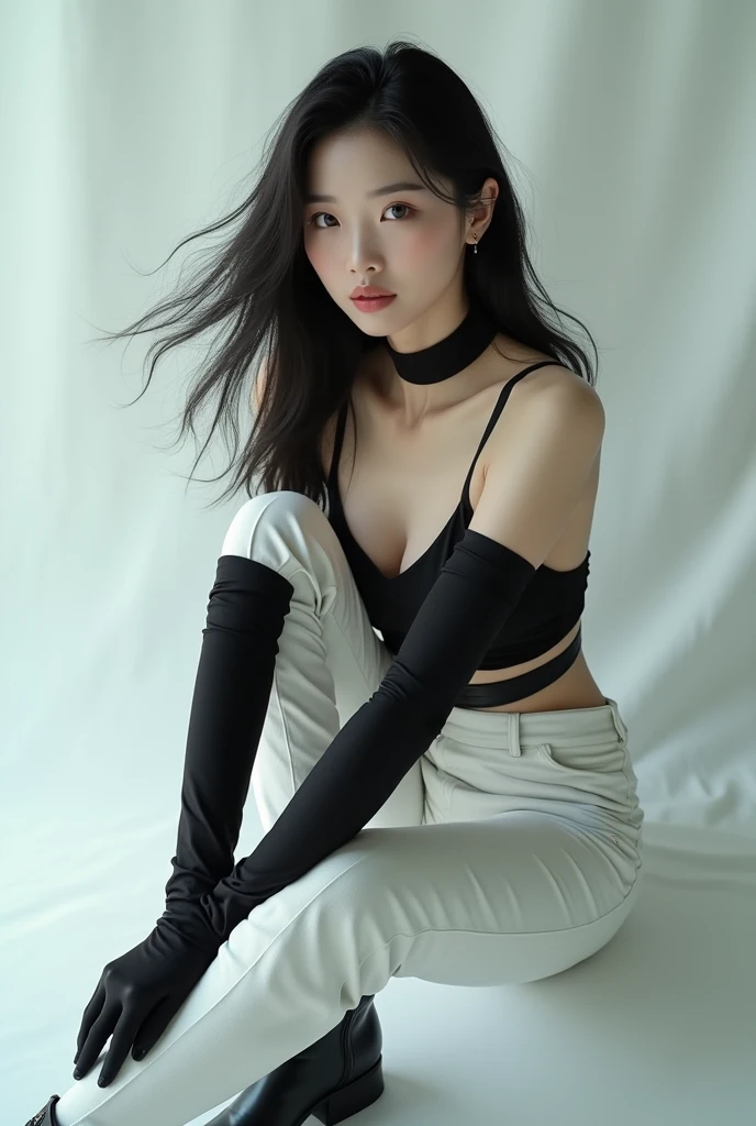 Korean girl, black thigh high boots, white pants, long gloves