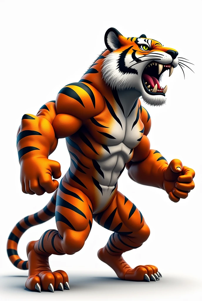 A tiger on a white background , in the style of a football game mascot , turned left roaring 