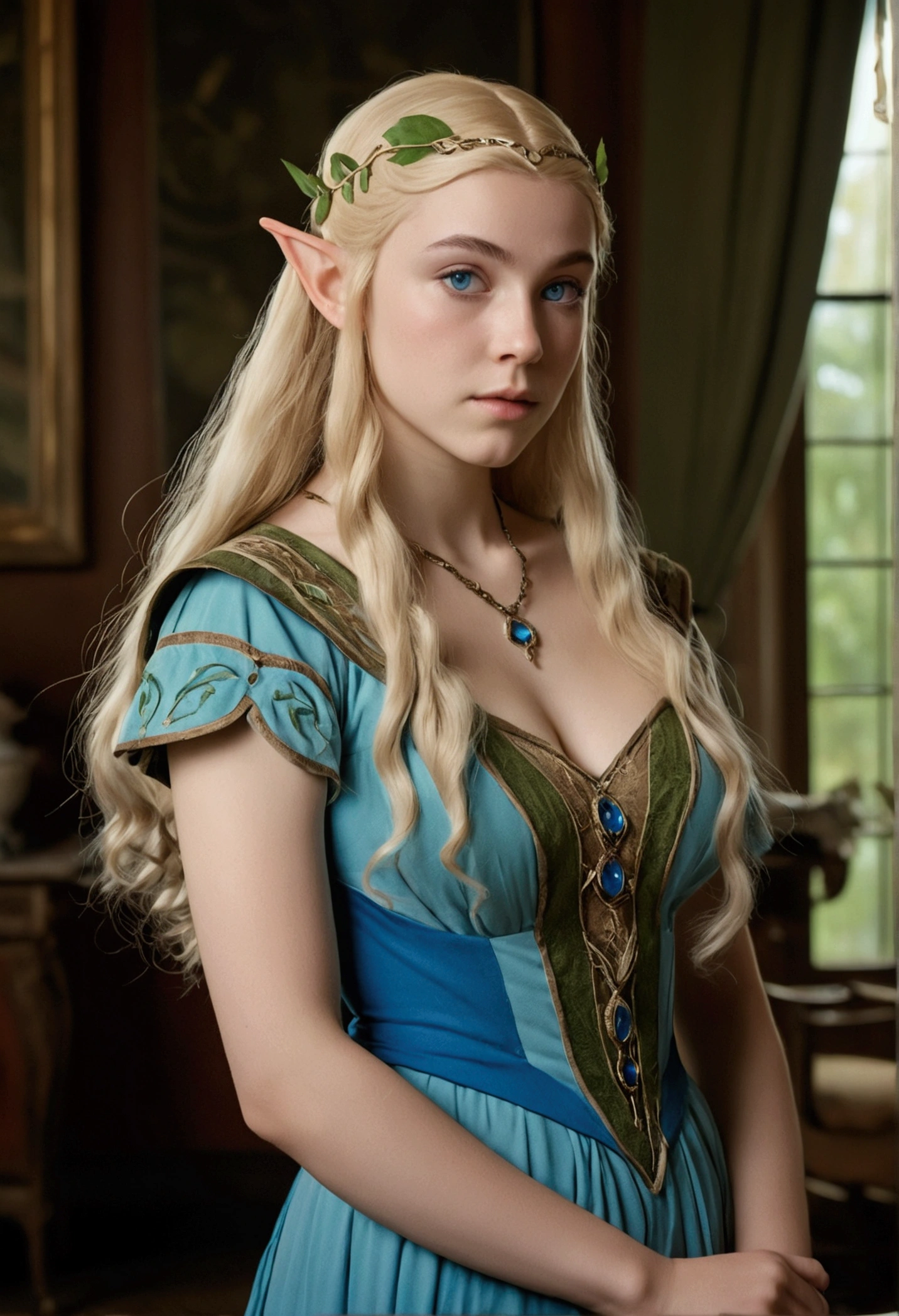 1910s analog film photograph, colorized photo of an elven maiden, 18-years-old, amazonian stature, thick-fit hourglass figure, busty breasts, toned, athletic, wearing a victorian traveling dress, warm almond complexion, pointy elf ears, blue eyes, platinum blonde hair, thick curly bangs, resembles Margaery Tyrell, standing in a manor drawing room, RAW Photograph, dslr, soft lighting, high quality, film grain, Fujifilm XT3, detailed skin with visible pores, insane details, masterpiece, 8k, 35mm photograph, faded film, desaturated, grainy, vintage, Lomography, stained, highly detailed, found footage, long elven ears